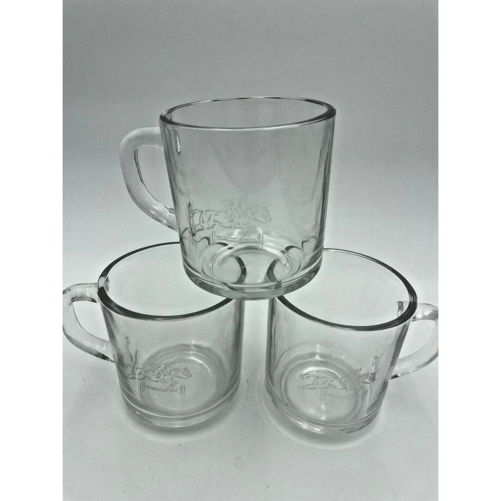 Vtg Set 3 Anchor‎ Hocking USA Glass Polo Horse Etched Equestrian Coffee Mug Cups